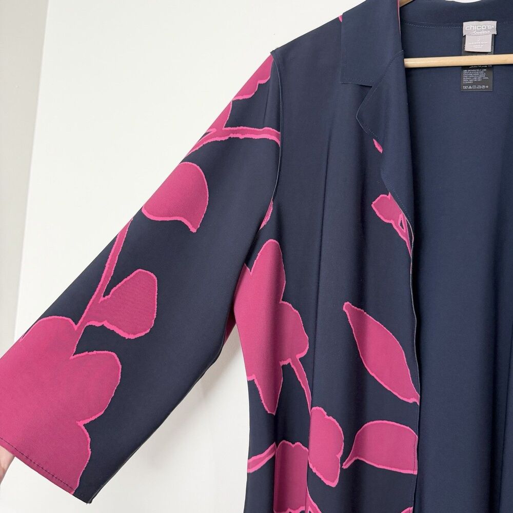 Chico’s Travelers Open Front Jacket Navy Pink Floral Women’s L 12/14 Chico’s 2 - Picture 2 of 8